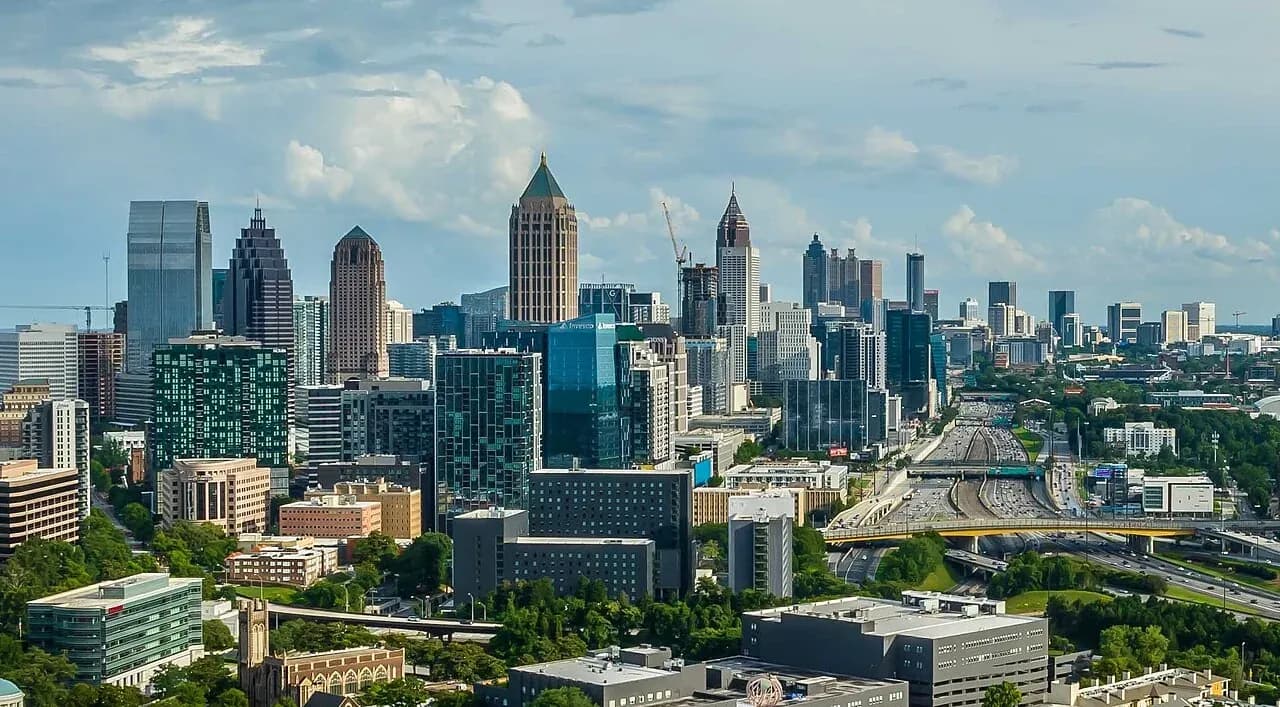 Peachtree cityscape and surrounding landscape